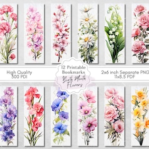 Marcadores imprimibles de flores del mes de nacimiento, 12 diseños de flores de nacimiento, tamaño de carta 11x8.5 PDF, PNG separados, diseños de sublimación de marcadores