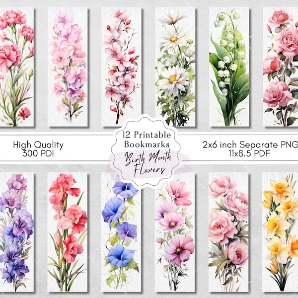 Birth Month Flower Printable Bookmarks, 12 Birth Flower Designs, Letter Size 11x8.5 PDF, Separate PNGs, Bookmark Sublimation Designs