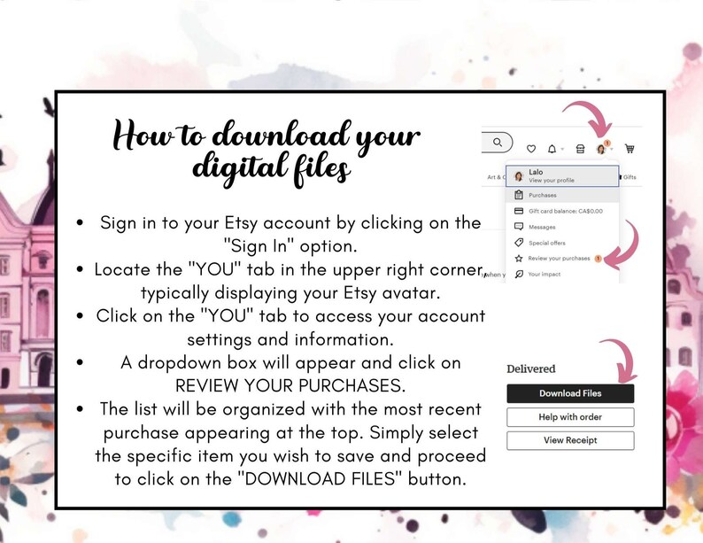 May include: A screenshot of a computer screen showing instructions on how to download digital files from Etsy. The instructions include signing into your Etsy account, locating the "YOU" tab in the upper right corner, clicking on the "YOU" tab to access your account settings, and clicking on "REVIEW YOUR PURCHASES". The screenshot also shows a button labeled "Download Files".