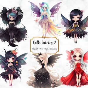 Cute Creepy Goth Fairies Clipart, 6 Goth Fairies PNG, Bundle, Fantasy art, PNG Digital, Transparent