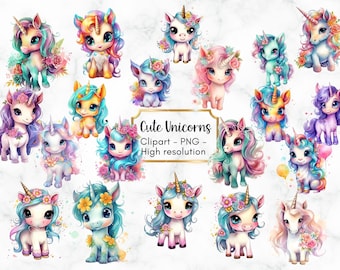 20 Baby Unicorn Watercolor Clipart, Unicorn Сlip art, PNG Unicorn, Baby Unicorn, Watercolor Unicorn clip art, commercial use