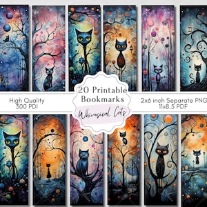 20 signets imprimables Whimsical Kitty, dessins mignons gothiques, téléchargement numérique lettre taille 11x8.5 PDF, conceptions de sublimation de signet PNG