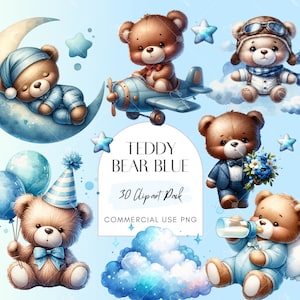 Aquarel teddybeer blauwe clipart bundel, schattige baby shower voor een jongen transparante achtergrond, blauwe decor kwekerij PNG's, blauwe teddybeer