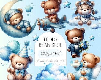 Aquarell Teddybär Blau Clipart-Bundle, entzückende Babyparty für einen Jungen Transparenter Hintergrund, Blaues Dekor Kinderzimmer PNG, Blauer Teddybär