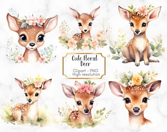 Cute Floral Deer Clipart, PNG Files, Adorable Baby Fawns, PNG Digital, Transparent Background, Commercial Use