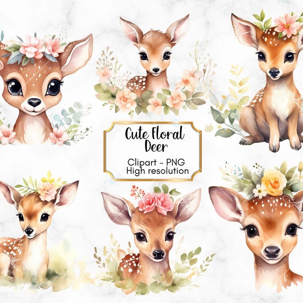 Niedliche Blumen Hirsch Clipart, PNG-Dateien, entzückende Baby-Kitze, PNG Digital, transparenter Hintergrund, kommerzielle Nutzung