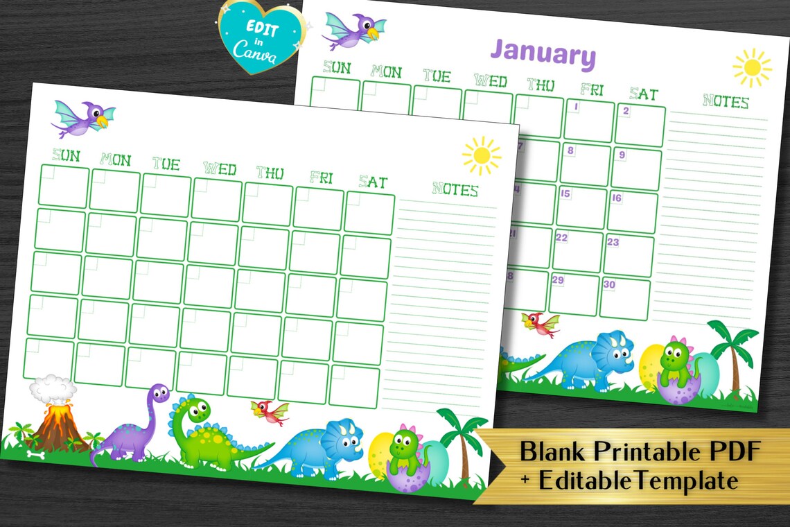 Blank Dinosaur Monthly Calendar Fill in the Month and Days Etsy