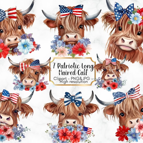 Patriotic Adorable Long Haired Calf, PNG and JPG Highland Cow Head, Red, White & Blue Bow, Farm Cow Clipart, 7 Images