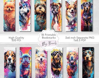 Cute Dog Breed Printable Bookmarks, Adorable Watercolor Designs, Digital Download Letter Size 11x8.5 PDF, PNG Bookmark Sublimation Designs