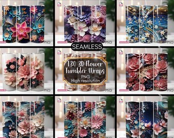 Può includere: Una collezione di involucri per tumbler a fiori 3D senza cuciture in vari design. Gli involucri presentano motivi floreali vibranti in tonalità di rosa, blu, viola e bianco. L'immagine include il testo "130 3D Flower Tumbler Wraps PNG High resolution".