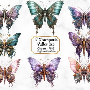 Steampunk Butterflies Clipart, 16 PNG Files, Butterflies adorned with gears, cogs, PNG Digital, Transparent Background, Commercial Use