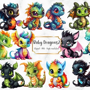 Cute Fantasy Baby Dragon Clipart, 12 Colorful Baby Dragon PNG, Dragon Clipart, PNG Digital, Transparente
