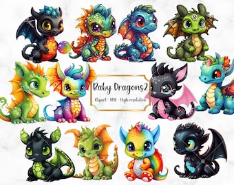 Cute Fantasy Baby Dragon Clipart, 12 Colorful Baby Dragon PNG, Dragon Clipart, PNG Digital, Transparent