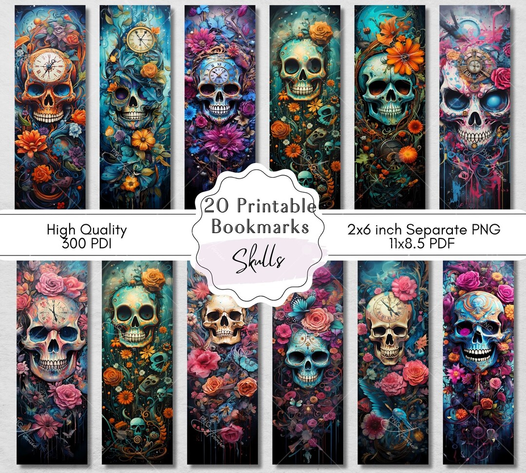 20 Vibrant Skull Printable Bookmarks, Cute Gothic Designs, Digital ...