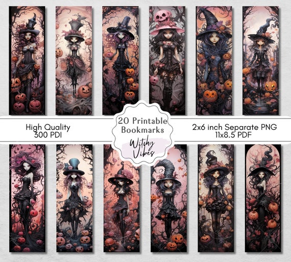 20 Witchy Vibes Printable Bookmarks, Cute Gothic Witch Designs, Digital Letter Size 11x8.5 PDF, Separate PNGs, Bookmark Sublimation Designs