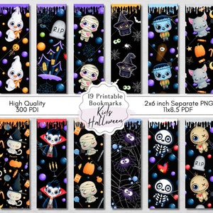 Marcadores imprimibles lindos de Halloween para niños, diseños coloridos, tamaño de letra digital 11x8.5 PDF, PNG separados, diseños de marcadores de sublimación