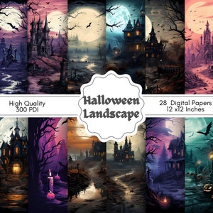 Halloween Landscape Digital Paper, Printable Spooky Scenes, Scary Pages, Creepy Card Making, Junk Journal, Scrapbooking, Wall Art, 28 JPGs
