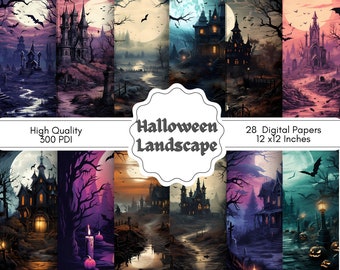 Papel digital de paisaje de Halloween, escenas espeluznantes imprimibles, páginas de miedo, creación de tarjetas espeluznantes, diario basura, scrapbooking, arte de pared, 28 JPG