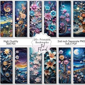 3D Floral Printable Bookmarks, Beautiful Flower Art Designs, Digital Download Letter Size 11x8.5 PDF, PNG Bookmark Sublimation Designs