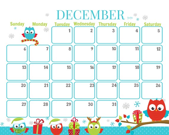 December Christmas Owls Calendar Printable Christmas Etsy
