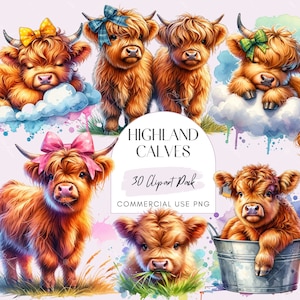Adorable Highland Calves Watercolor PNG, Cute Cow Clipart, Nursery Digital Art Bundle, Cute Baby Cows, Transparent Background