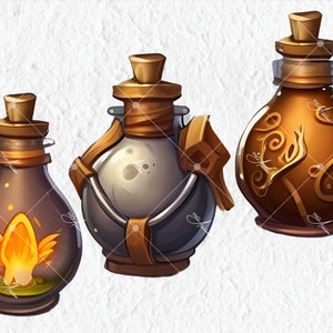May include: Three glass bottles with cork stoppers and different colored liquids inside. The bottles have a rustic, fantasy-inspired design with leather straps and intricate details.