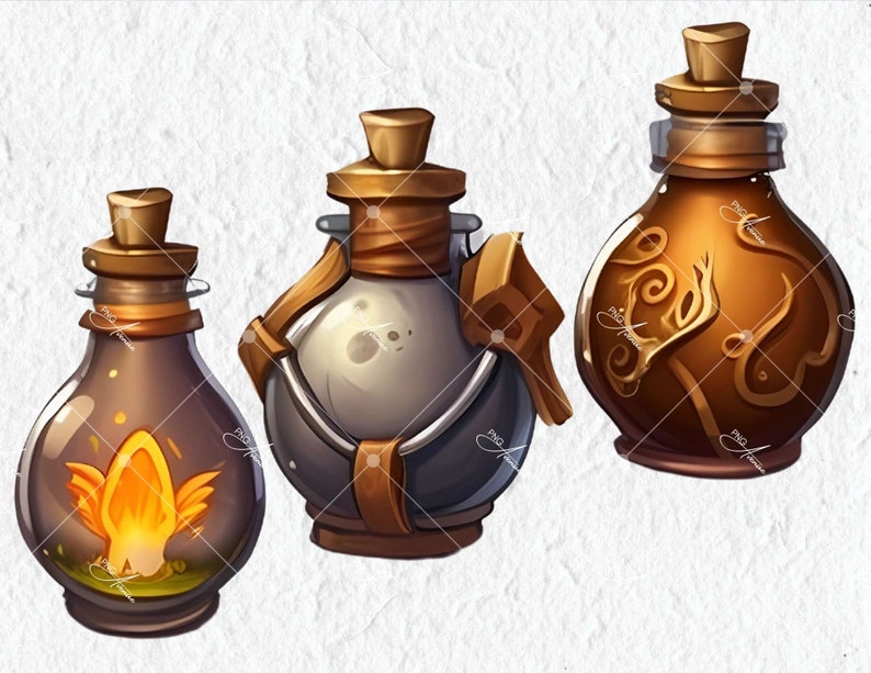 May include: Three glass bottles with cork stoppers and different colored liquids inside. The bottles have a rustic, fantasy-inspired design with leather straps and intricate details.