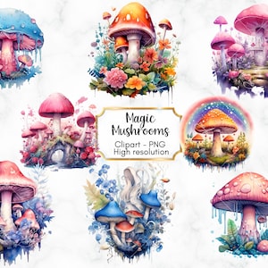 Water Color Magic Mushrooms, Dreamy Mushroom PNG, Over 30 Trippy Mushrooms Clipart, whimsical designs