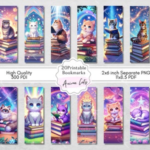 May include: 20 printable bookmarks featuring anime cats in various poses. Each bookmark is 2x6 inches and includes a stack of books, a starry sky background, and a rainbow. The bookmarks are available as separate PNG files and a 11x8.5 inch PDF.