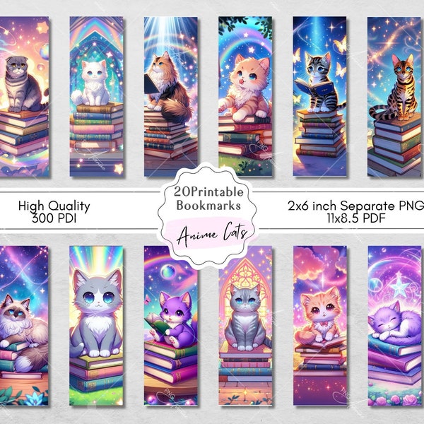 Anime Cats On Stacked Books Printable Bookmarks, Book Lovers Designs, Digital Letter Size 11x8.5 PDF, Separate PNGs, Sublimation Designs