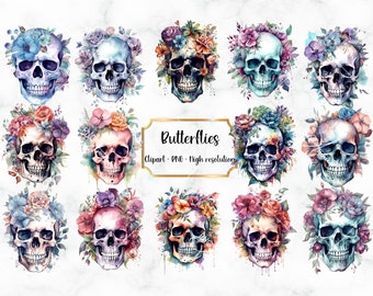 May include: Twelve watercolour illustrations of skulls with floral wreaths. Each skull is painted in a different colour scheme, with flowers in shades of blue, pink, purple, and orange. The text "Butterflies" is written in a gold frame.