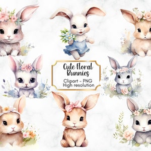 Cute Floral Bunnies Clipart, PNG Files, Adorable Baby Rabbits, PNG Digital, Transparent Background, Commercial Use
