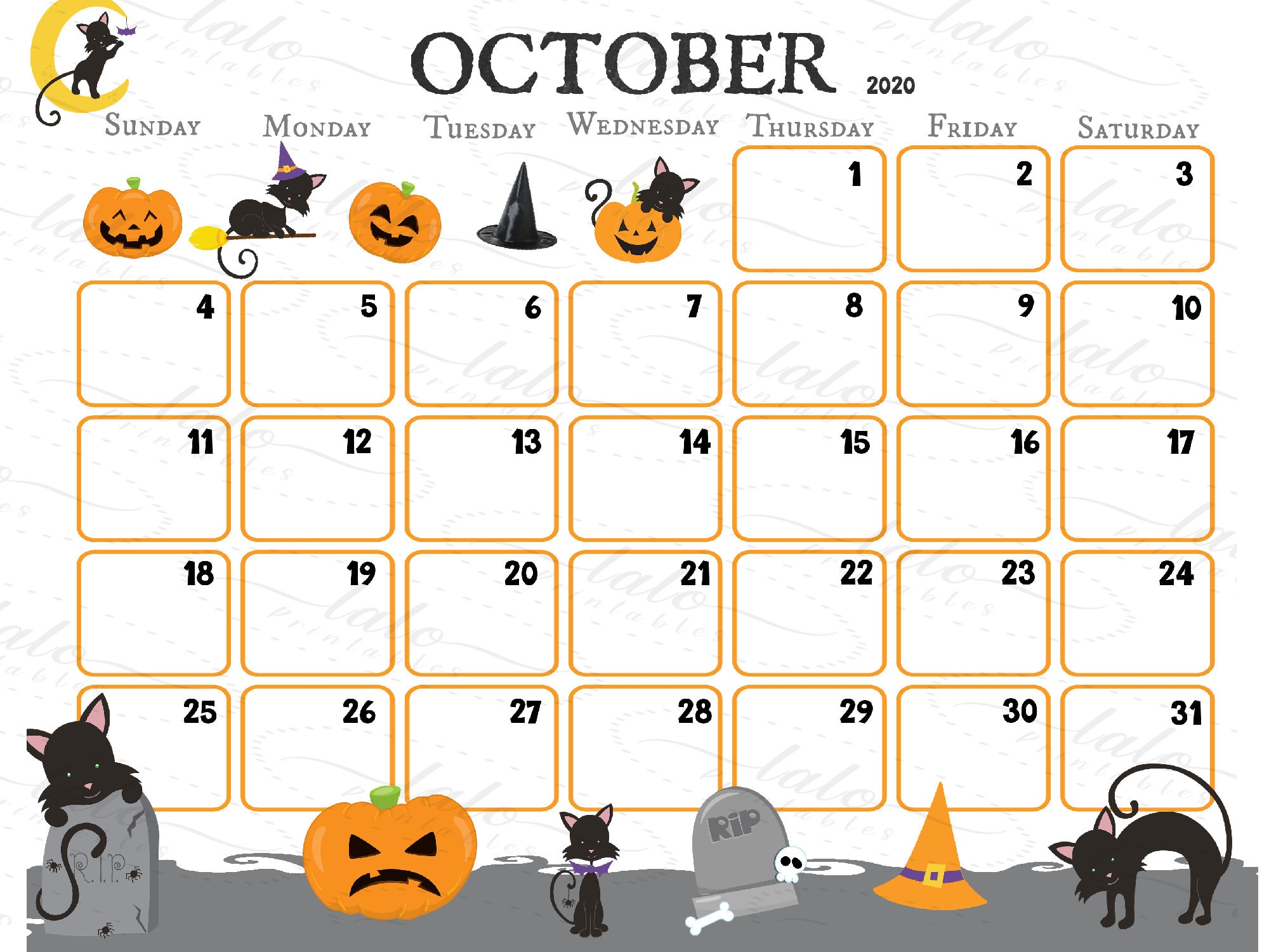 October Month Calendar 2020 Halloween Planner Printable Cats Etsy