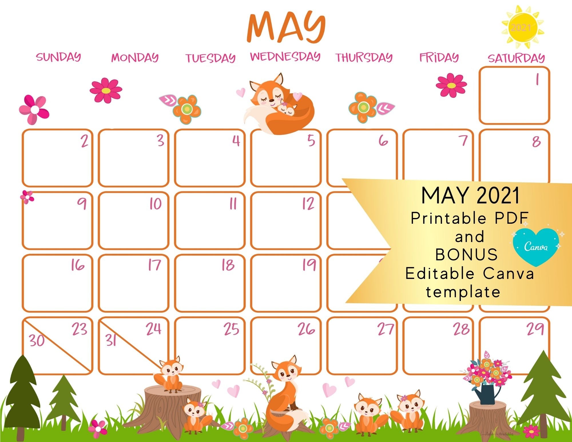 Foxy Mama Calendar May 2021 Mother's Day Calendar Month Etsy