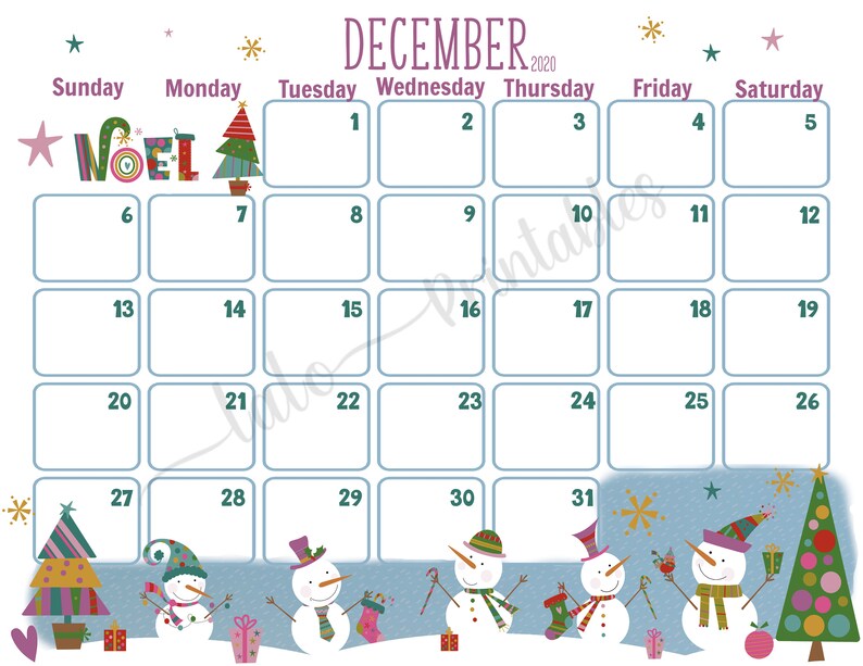 December 2020 Snowmen Calendar Printable Christmas theme Etsy