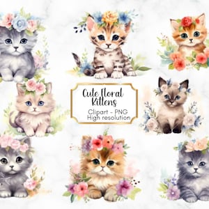 Op de afbeelding: Acht aquarel illustraties van schattige kittens die bloemenkransen dragen. Elk kitten zit en heeft een andere kleur en vachtpatroon. De kittens zijn omringd door bloemen en groen. De tekst "Cute Floral Kittens" staat in een banner bovenaan de afbeelding. De tekst "Clipart - PNG Hoge resolutie" staat onder de banner.