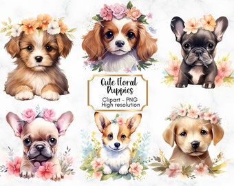 May include: Six watercolor illustrations of puppies wearing floral crowns. Each puppy is a different breed and has a unique expression. The illustrations are set against a white background.