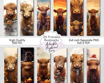 Adorable Highland Cow Printable Bookmarks, 20 Cute Designs, Digital Download Letter Size 11x8.5 PDF, PNG Bookmark Sublimation Designs