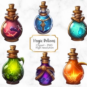 Magic Potions Clipart, 12 PNG Files, Witchcraft Potion Bottles, PNG Digital, Transparent Background, Commercial Use