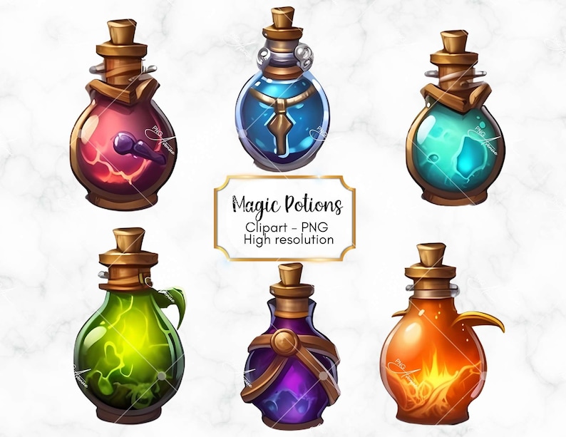 May include: Six different colored glass bottles with cork stoppers and gold accents. Each bottle contains a glowing liquid with different colors and patterns. The bottles are labeled "Magic Potions" with the text "Clipart - PNG High resolution".