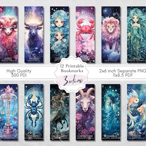 Zodiac afdrukbare bladwijzers, astrologie cadeau, aquarel, horoscoopbundel, lettergrootte 11x8,5 PDF, 12 afzonderlijke PNG's, sublimatieontwerpen