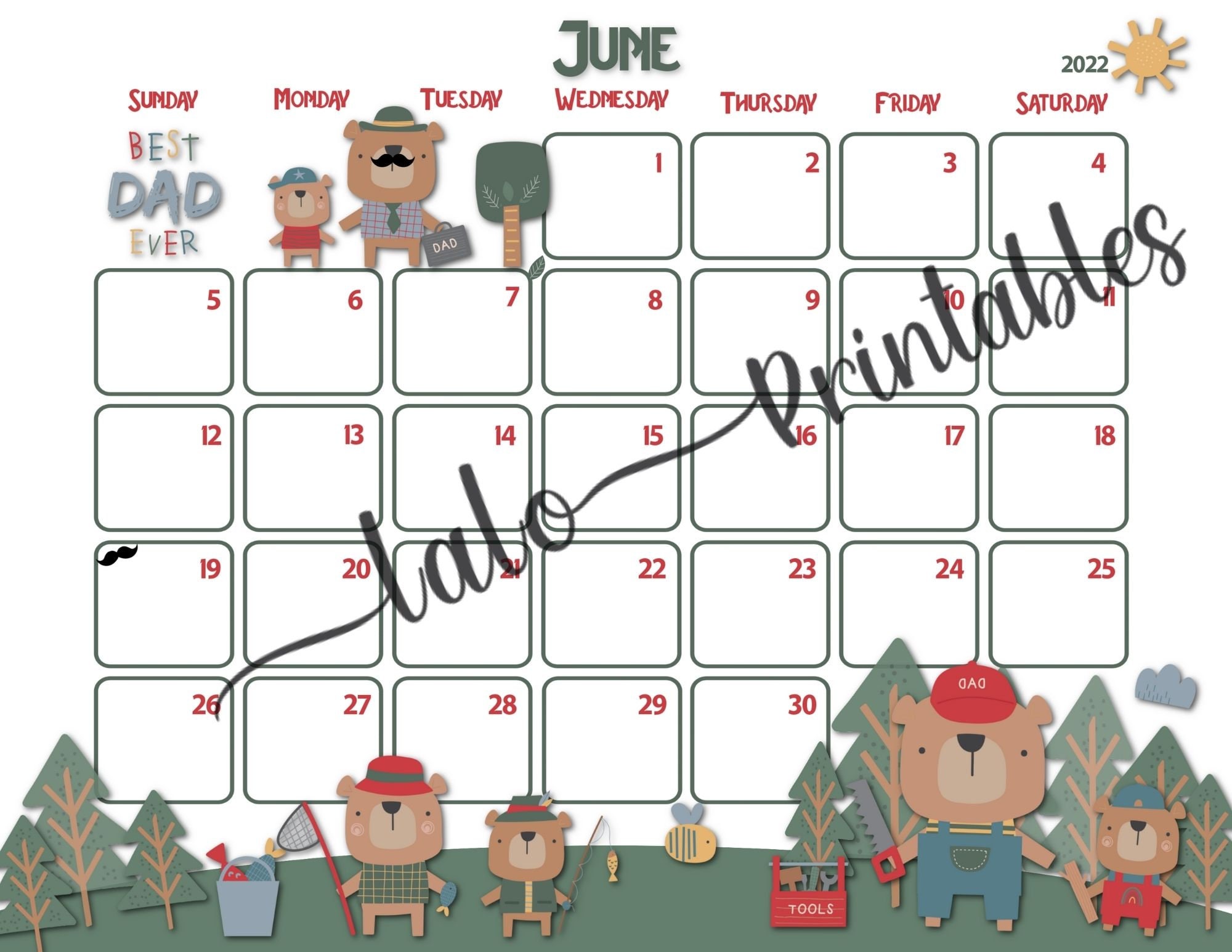 Fathers Day 2022 Calendar Papa Bear June 2022 Calendar Month Instant Download Sunday | Etsy