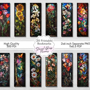 May include: Twenty printable bookmarks featuring stained glass floral designs. Each bookmark is 2 inches wide by 6 inches tall and is available as a separate PNG file. The bookmarks are also available as a PDF file in 11x8.5 inches.