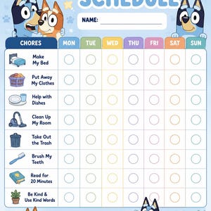 May include: A Bluey-themed chore schedule chart featuring a light blue background with illustrations of Bluey and Bingo. The grid includes columns for days of the week and rows for tasks like making the bed, cleaning, and reading, with a reward section.