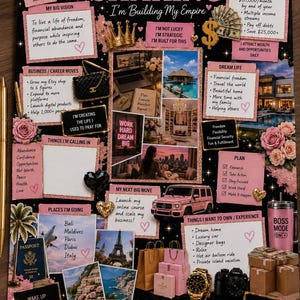 May include: A vision board titled Moving & Shaking featuring pink and gold accents, motivational text, goal lists, and imagery of luxury travel, a pink SUV, designer bags, and a watch. The board includes floral decorations and inspirational quotes.