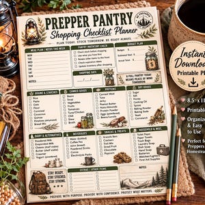 May include: A Prepper Pantry Shopping Checklist Planner printed on paper, featuring sections for meal planning, inventory, and budget. The document includes checkboxes for grains, canned goods, proteins, dry goods, dairy, beverages, and snacks, with illustrations of a lantern, jars, and a backpack.