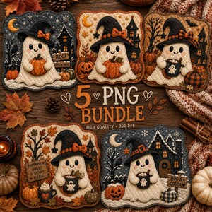 May include: A digital bundle of five square illustrations featuring white ghosts wearing black witch hats. Each ghost holds a pumpkin or a mug, set against scenes with haunted houses, autumn leaves, crescent moons, and text like BOO and COCOA.