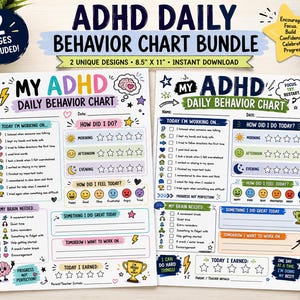 Può includere: Due tabelle di comportamento quotidiano per ADHD che misurano 21,59 per 27,94 cm. Ogni tabella presenta sezioni per le attività quotidiane, valutazioni a stelle, tracker dell'umore e aree per gli obiettivi con illustrazioni colorate.