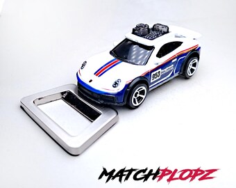 Porsche 911 Touring - Abridor de botellas, modelo de coche de juguete de MATCHPLOPZ, regalo vintage retro para cumpleaños, hombre, amigo, coche blanco y azul
