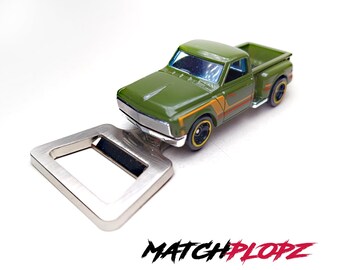 Coche de juguete modelo Chevy Pick Up de 1969 con abrebotellas de MATCHPLOPZ, regalo vintage retro para cumpleaños, amigo, hombre, color verde